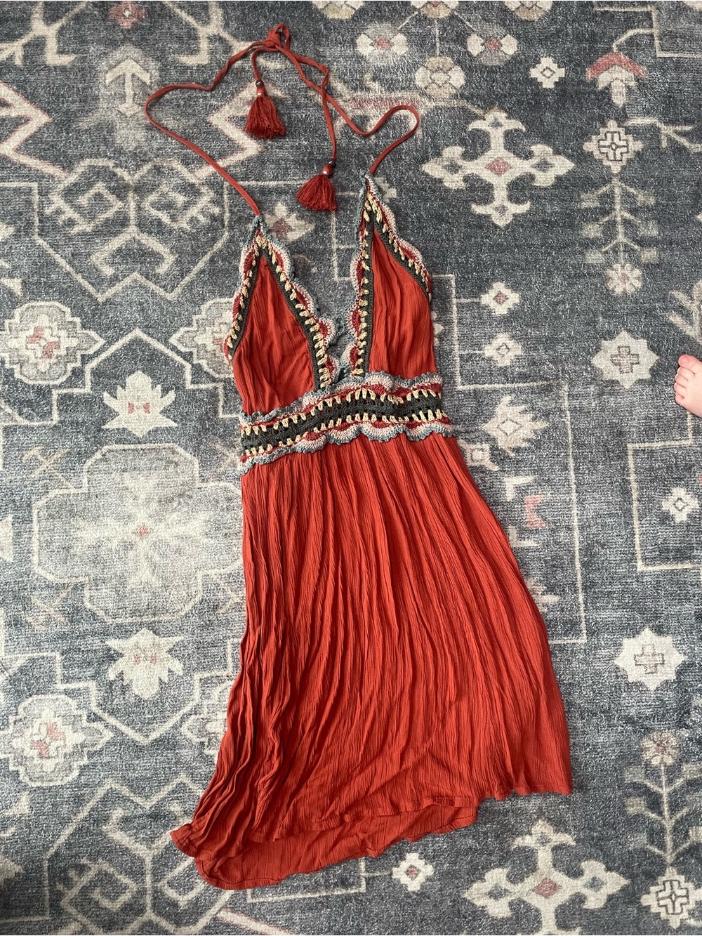 aerie Rust-Tone Halter Maxi Dress with Tassel Ties